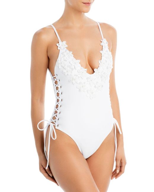 CAPITTANA Flower Applique Lace Up One Piece Swimsuit in White | Lyst Canada