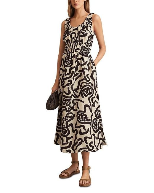Reiss White Akari Ruched Mono Print Midi Dress