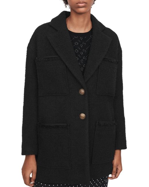 Maje Guilian Tweed Coat in Black | Lyst