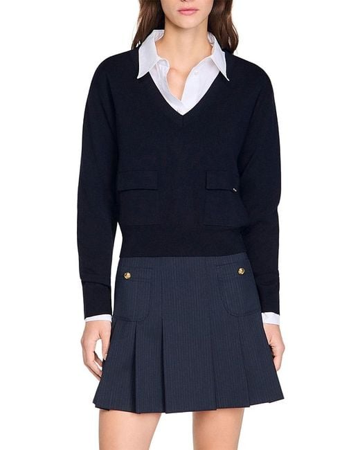 Sandro Blue Wool V Neck Sweater