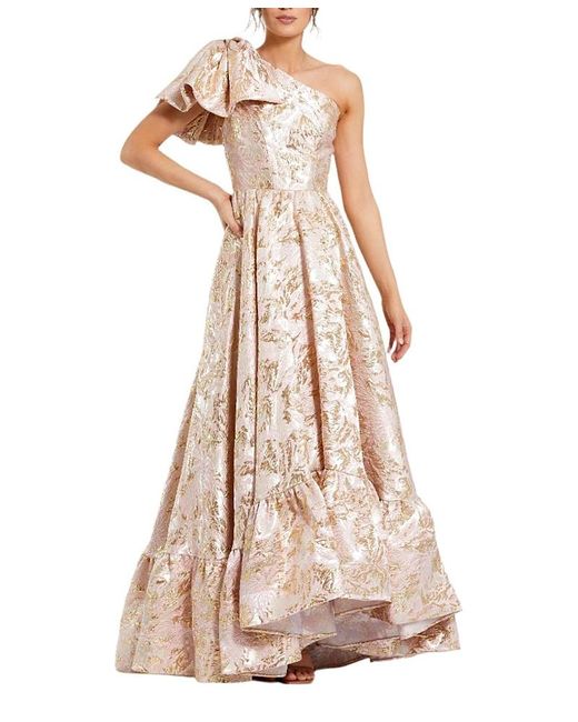 Mac Duggal Pink Floral Brocade One Shoulder High Low Gown With Bow