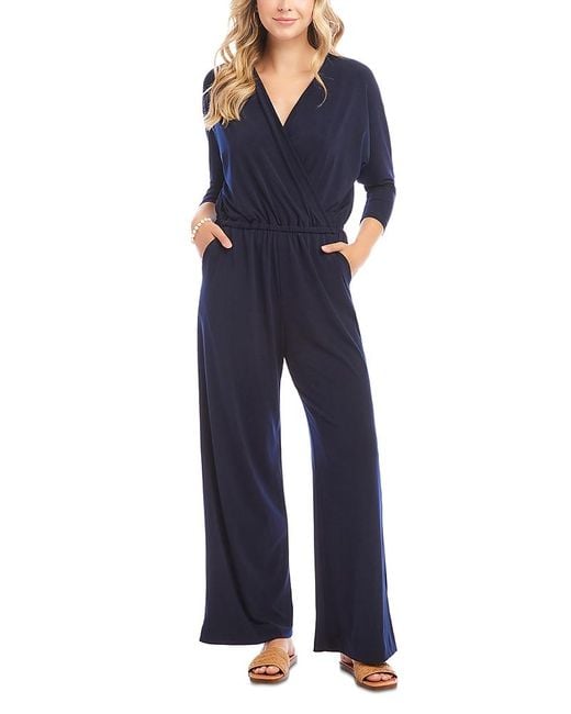 Karen Kane Blue Crossover Neck Jumpsuit
