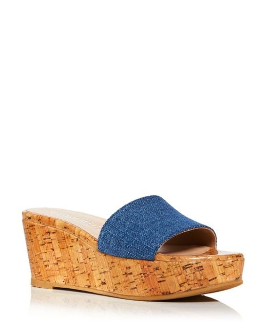 Stuart Weitzman Leather Summer Wedge Platform Slide Sandals in Washed
