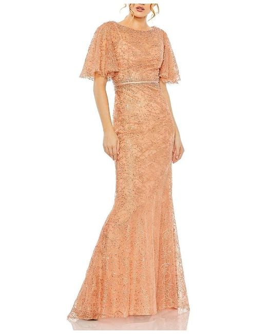 Mac Duggal Natural Embellished Neck Butterfly Sleeve Trumpet Gown