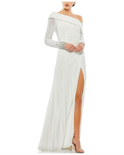 Mac Duggal White Beaded Cuff Drop Shoulder Faux Wrap Gown