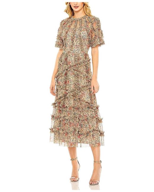Mac Duggal Natural Floral Flutter Sleeve Mesh Print Dress