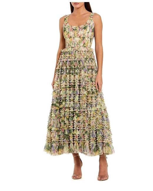 Mac Duggal Women's Green Floral Printed Ruffle Midi Dress