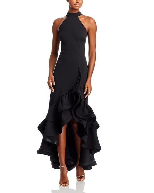 Aqua Black Racerback Ruffle Hem Gown