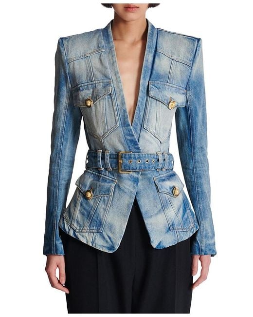 Balmain Blue 1-Button Belted Denim Jacket