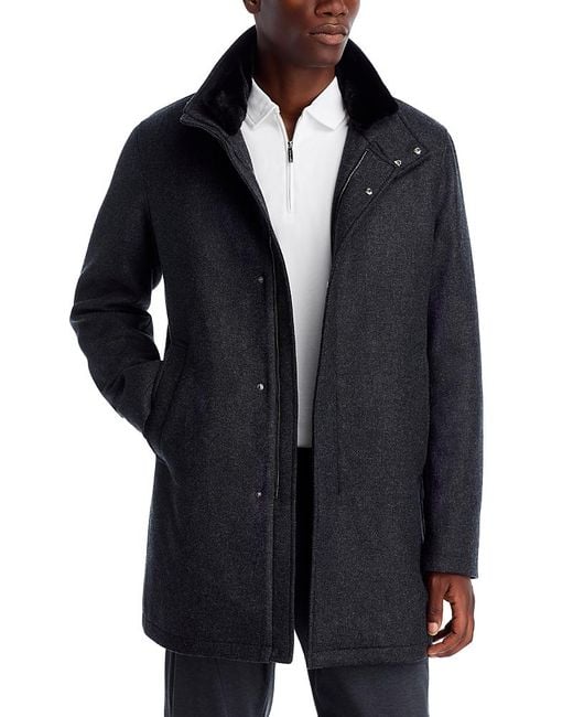 Herno Blue Diagonal Wool & Nylon Overcoat With Removable Faux Fur Collar for men
