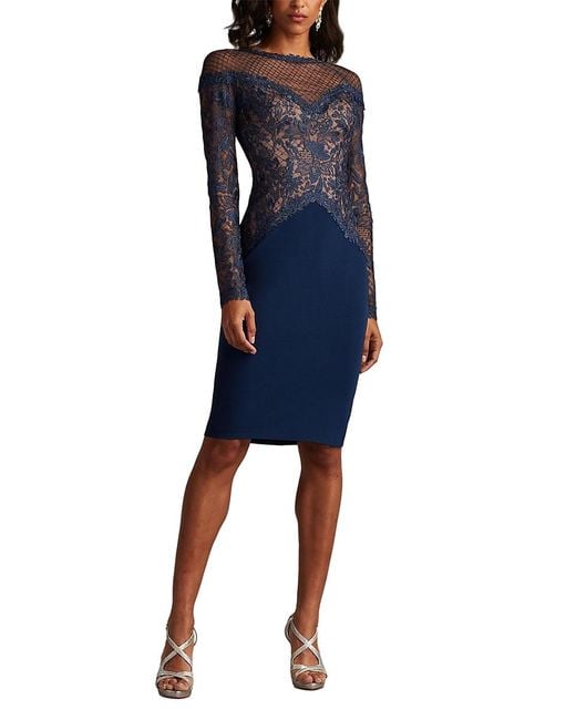 Tadashi Shoji Blue Lisette Embroidered Illusion Dress