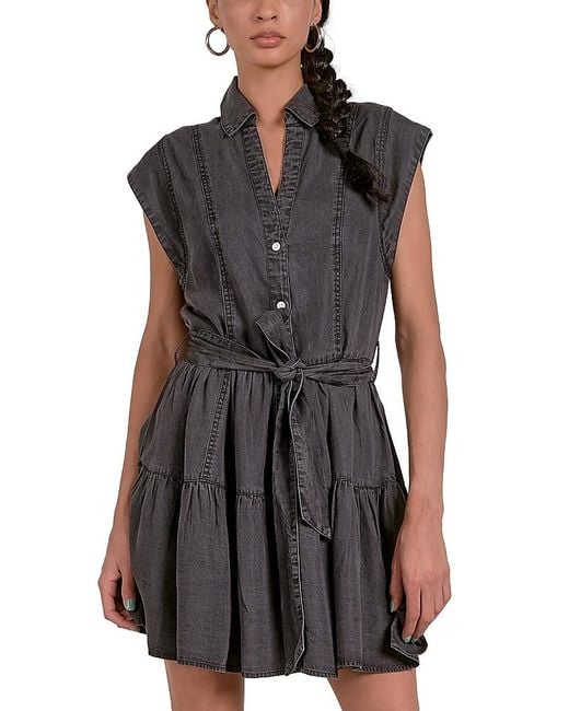 Elan Black Chambray Collared Button Front Mini Dress