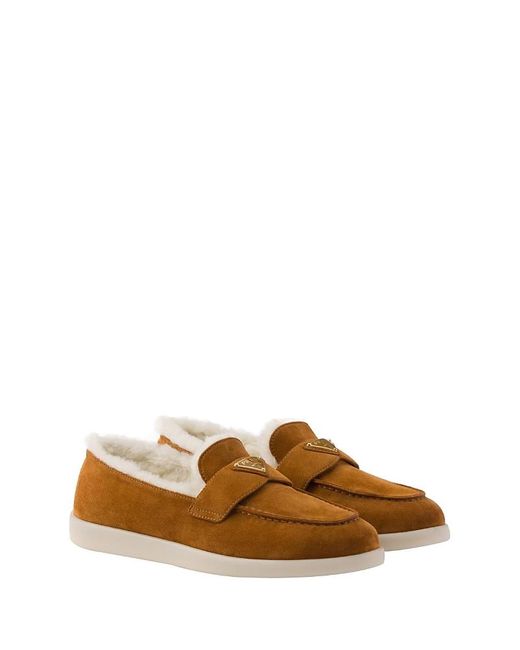 Prada Brown Suede And Shearling Loafers