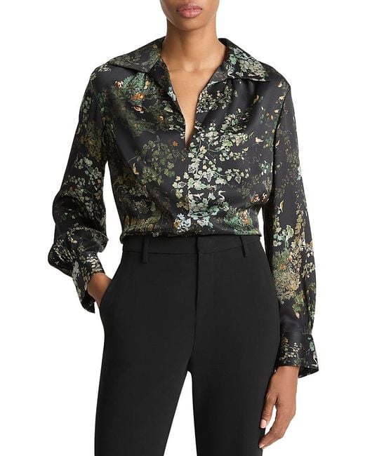 Vince Black Grape Vine Placed Smocked Silk Blouse