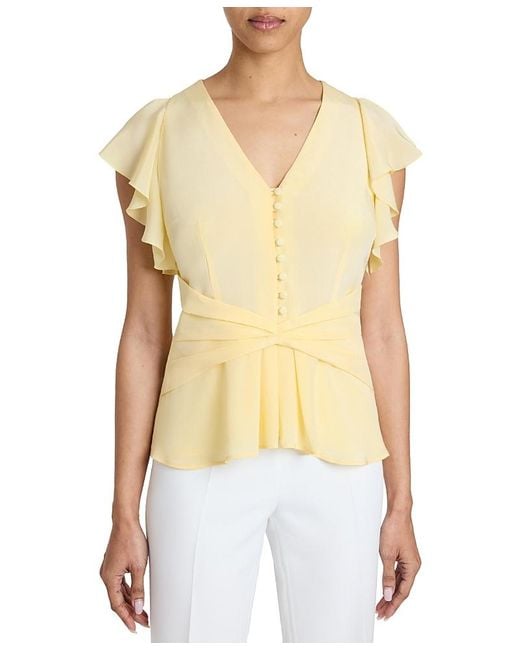 Santorelli Yellow Ella Silk Flutter Sleeve Buttoned Blouse With Waist Panel