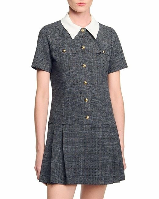 Sandro Gray Mini Pleated Dress With Rhinestones