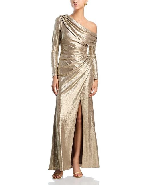 Aqua Natural Draped Foiled Gown