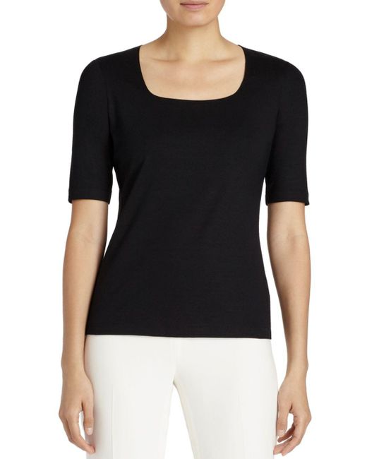 Lafayette 148 New York Cotton Square Neck Tee in Black | Lyst