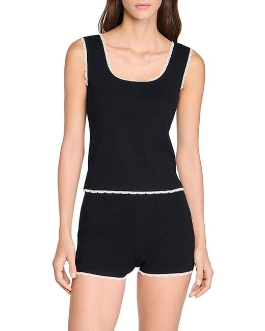 Sandro Black Bead Embroidered Ribbed Top