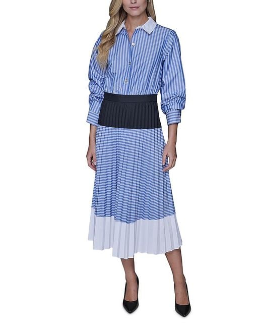 Karl Lagerfeld Blue Colorblock Pleated Dress