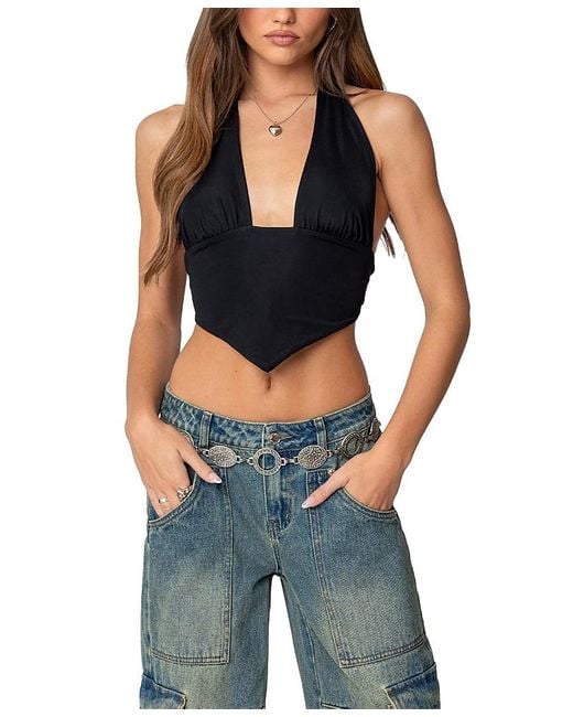 Edikted Blue Open Back Triangle Halter Top