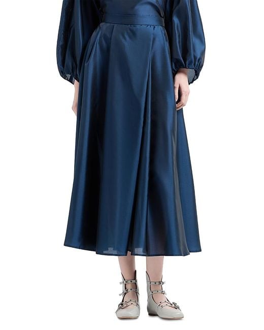 Emporio Armani Blue Techno Shine Finish Muslin A Line Midi Skirt