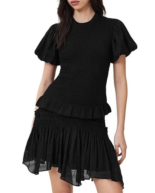AllSaints Black Dael Peplum Puff Sleeve Top