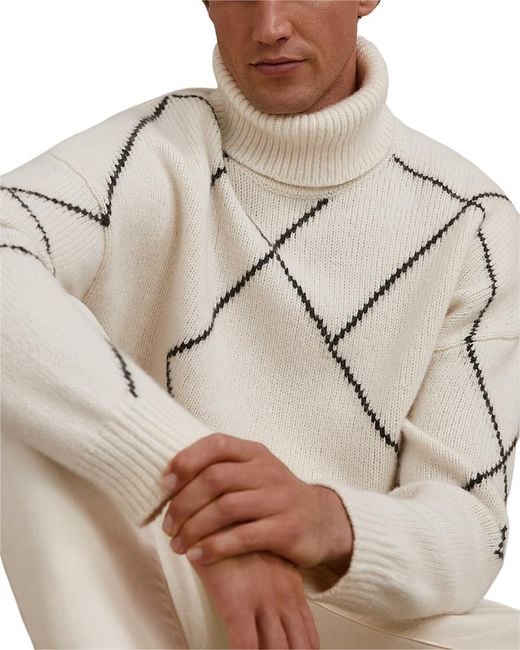 Reiss White Relaxed Fit Roll Neck Argyle Sweater for men