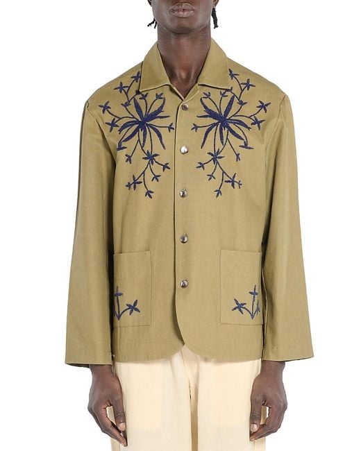 BAZISZT Natural Embroidered Button Front Jacket for men