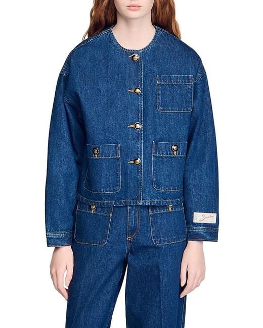 Sandro Blue Collarless Denim Jacket