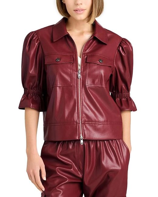 Cinq À Sept Women's Red Faux Leather Puff Sleeve Jacket