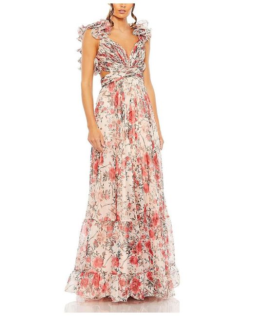 Mac Duggal Multicolor Ruffle Tiered Floral Cut-Out Chiffon Gown