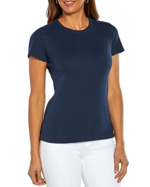 Three Dots Blue Cotton Short Sleeve Crewneck Tee