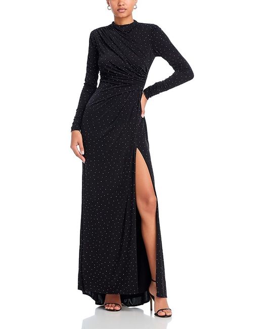 One-Shoulder Ruched Gown with Rhinestone Detail and Slit Dark Green