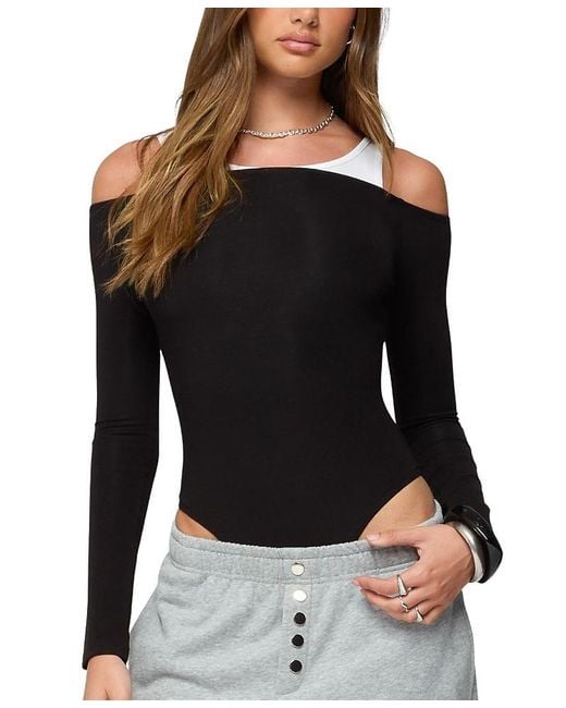 Edikted Black Layered Ribbed Off Shoulder Bodysuit