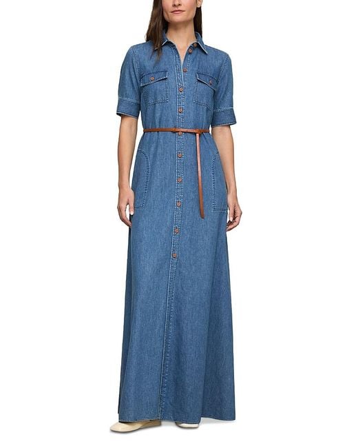 Lafayette 148 New York Women's Blue Short Sleeve Patch Pocket Maxi Shirt Dress