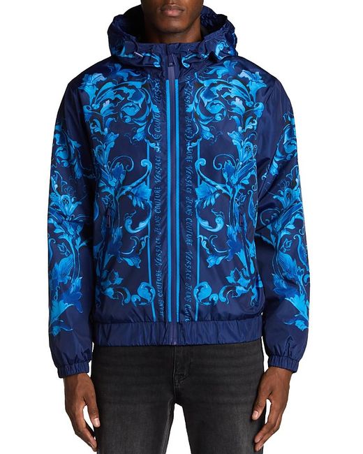 Versace Jeans Couture Blue Printed Zip Front Hooded Jacket for men
