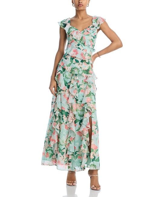 Eliza J Green V Neck Flutter Sleeve Asymmetrical Ruffle Gown