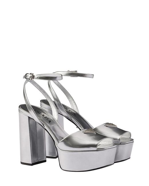Prada White Metallic Leather Platform Sandals