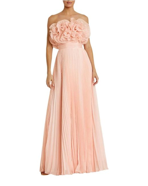 Mac Duggal Pink Pleated Chiffon Strapless Gown With Ruffles