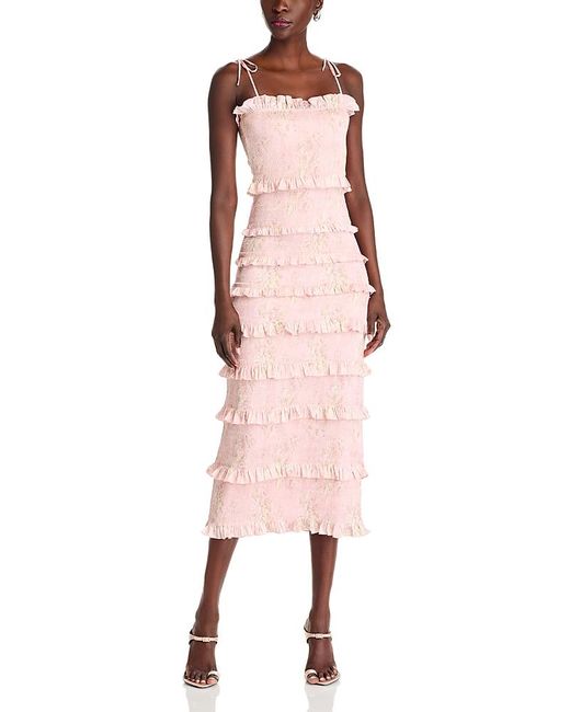 Chapman Women's Pink Lily Smocked Floral Print Ruffle Trim Midi