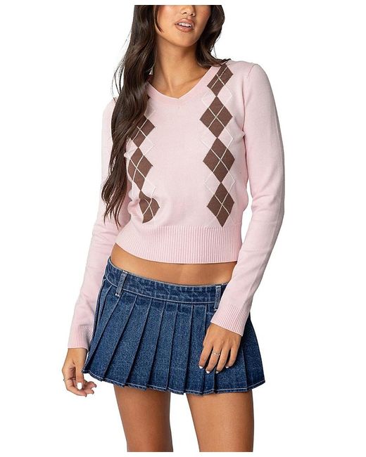 Edikted Blue Argyle V-Neck Knit Sweater