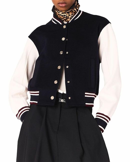 Maje Blue Mixed Fabric Bomber Jacket