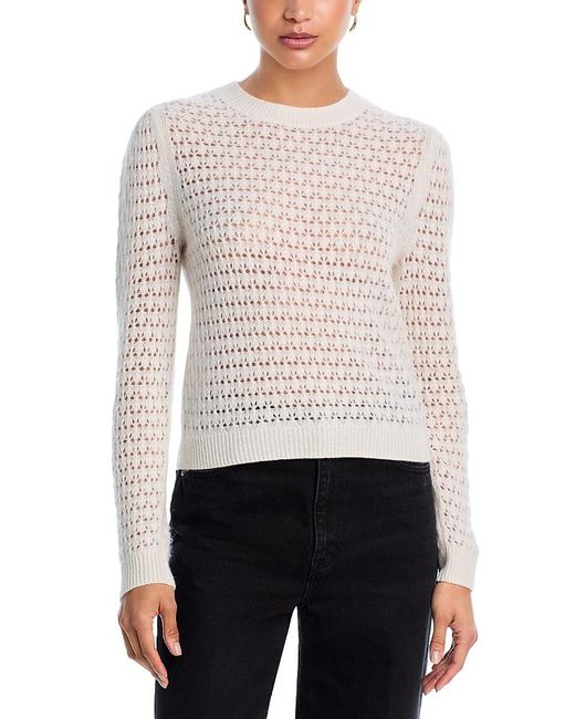 Aqua White 100% Cashmere Openwork Crewneck Sweater