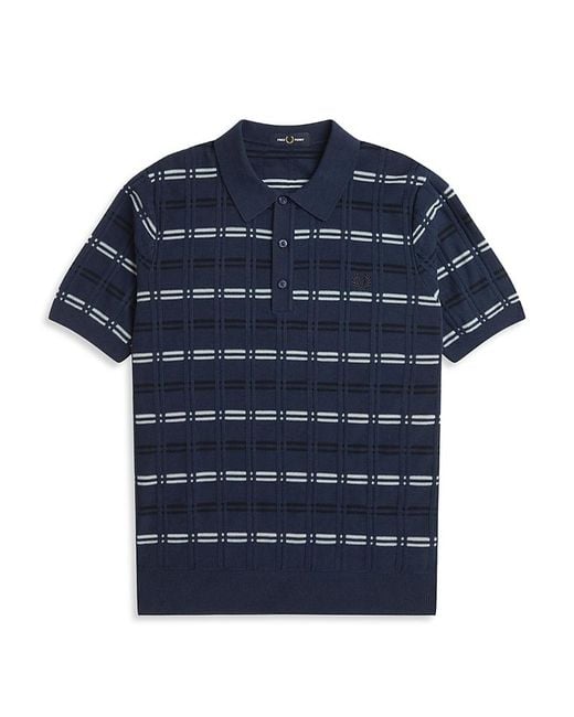 Fred Perry Blue Patterned Ribbed Knit Polo Shirt for men