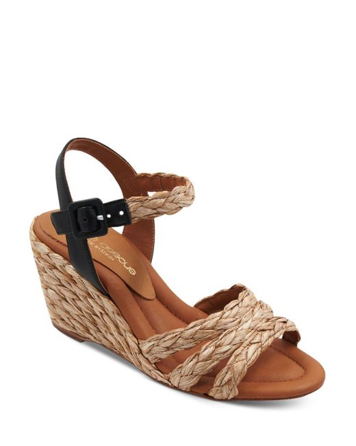 Andre Assous Milena Raffia Strap Black Espadrille Wedge Heel Sandals in