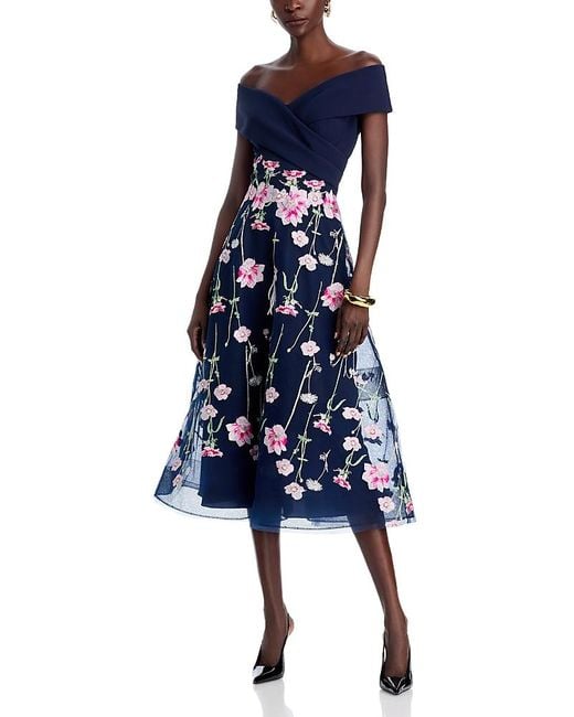 Teri Jon Crepe Off-The-Shoulder Embroidered Tulle Dress in Blue | Lyst Teri Jon Crepe Off-The-Shoulder Embroidered Tulle Dress in Blue | Lyst