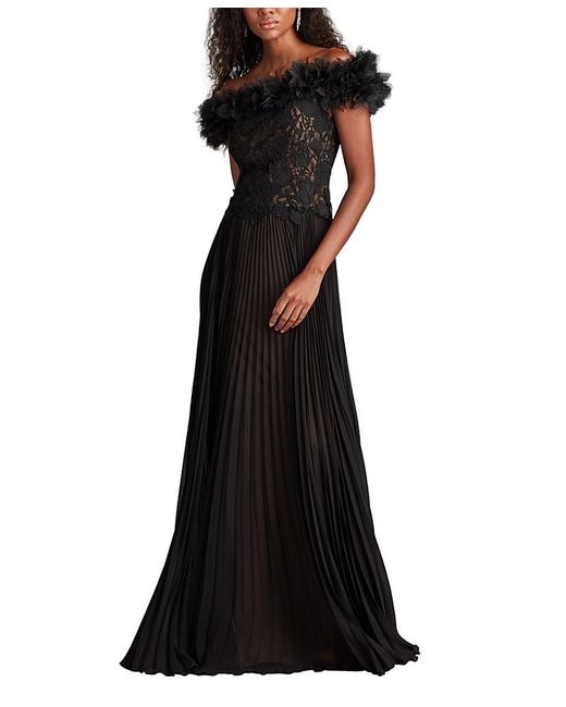Tadashi Shoji Black Margaux Off-Shoulder Floral Ruffle Trim Gown
