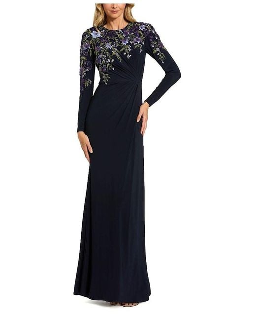 Mac Duggal Women's Blue Floral Embroidery Embellished Detail Long Sleeve Fitted Jersey Gown Mac Duggal Women's Blue Floral Embroidery Embellished Detail Long Sleeve Fitted Jersey Gown