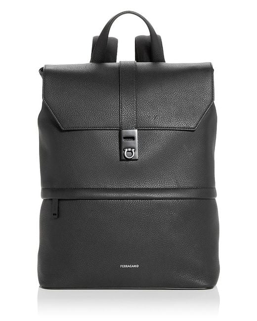 Ferragamo Black Gancini Buckle Leather Backpack for men